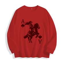 Cowgirl Thin Sweatshirt, Heart Crewneck, Playing Card, Ace Shirt, Retro Western Tops, Hearts Thin  Shirt, Valentines Day, Country Cowgirls, Rodeo Top - 紅色 - 查看 1
