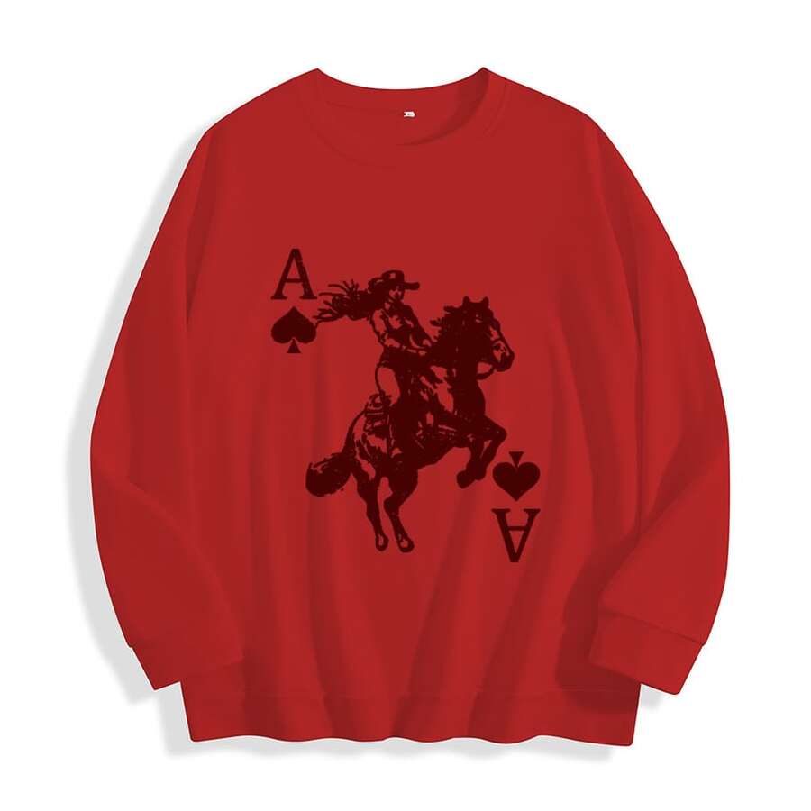 Cowgirl Thin Sweatshirt, Heart Crewneck, Playing Card, Ace Shirt, Retro Western Tops, Hearts Thin Shirt, Valentines Day, Country Cowgirls, Rodeo Top - 紅色 - 查看 1