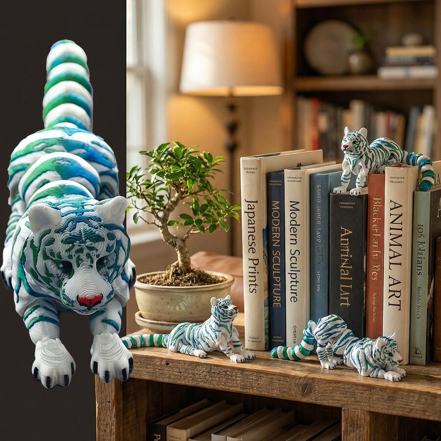 Decorazione per la casa a forma di tigre stampata in 3D, accento estetico naturale unico, artigianato di stampa 3D distintivo crea una figura di leopardo tridimensionale, colore di base bianco sfumato con motivi blu-verdi, che mostra una vibrazione artistica naturale, punto focale ideale per la decorazione della casa, libreria o scrivania dell'ufficio, che esprime il gusto personalizzato per i professionisti urbani appassionati di design unico e arredamento di casa. - Multicolore - Visualizzare 1