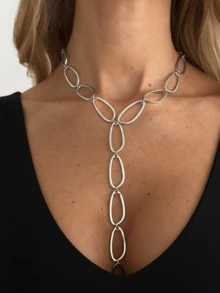 1pc Luxurious Geometric Hollow Chain Splice Y-Shaped Long Tassel Charm Necklace, Fashionable & Elegant For Wedding, Party, Vacation, Casual, Street Style, Women & Couples, Birthday & Holiday Gift - Necklace - View 3