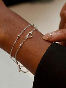 AETOLIA S925 Sterling Silver Double Layer Bracelet For Women Personalized Heart Design White Gold Plated Chain Adjustable - Silver - View 3