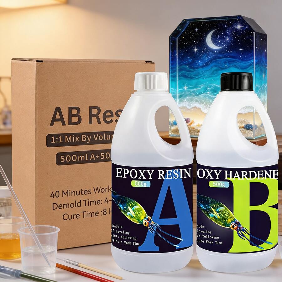 34盎司环氧树脂套装，自流平，高光泽，不泛黄，无气泡，适用于手工艺品、桌面浇铸和DIY项目，混合比例1:1 - 彩色 - 查看 1