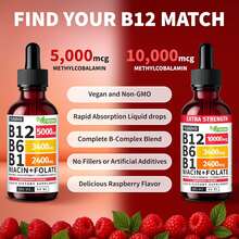 Vitamin B12 And B6 Liquid Drops, B12 Sublingual Vitamin B Complex - B 12 Vitamin 5000mcg - B12 Methylcobalamin For Energy, Brain, And Heart Support With 27,200 Mcg, Raspberry, 80 Servings - 1 Pack - 查看 6