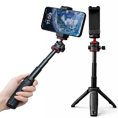 Chân máy mini có kẹp điện thoại và đế gắn phụ kiện, chân máy để bàn bằng hợp kim nhôm có thể gập lại với ren vít 1/4 inch, giá đỡ ổn định tương thích với điện thoại thông minh, máy ảnh, camera hành trình, micro và đèn LED dành cho quay vlog và du lịch.