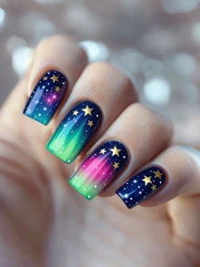 24 naglar med blå gradientstjärnmönster, trycknaglar, lösnaglar, nageltillbehör, konstnaglar, Y2k-naglar - Kungsblått - Visa 1