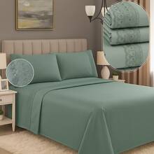 Micropercal 400 Thread Count Sheet Set, Queen And King Size, 4 Pieces, Embroidered With English Lace, Elasticated, Soft Touch, Plain, Habitat - 綠色蕾絲 - 查看 1