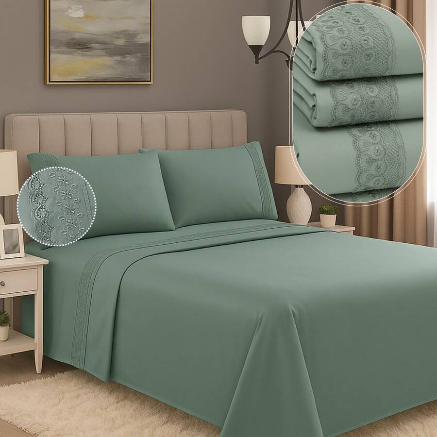 Micropercal 400 Thread Count Sheet Set, Queen And King Size, 4 Pieces, Embroidered With English Lace, Elasticated, Soft Touch, Plain, Habitat - 綠色蕾絲 - 查看 1