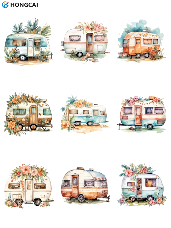 9pcs Camper Van Heat Transfer Vinyl Decals For DIY T-Shirt, Clothing, T-Shirt, Mask, Jeans, Backpack, Hat, Pillow, Personalized Style, Washable Heat Press Stickers