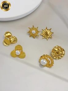 1/3件套法式复古304不锈钢镀金珍珠镶嵌向日葵耳环，精致高端配饰，适合作为年轻女士参加派对的礼物，或作为生日、情人节礼物送给母亲、妻子、朋友。 - 金色 - 查看 1