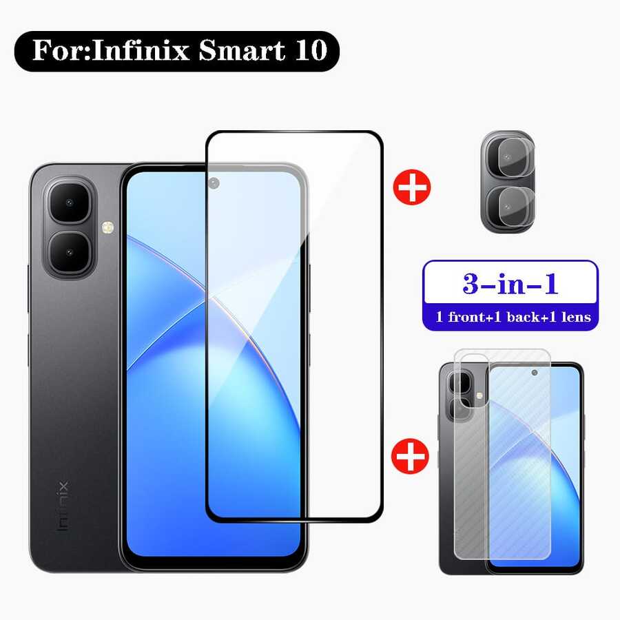 3-In-1 Screen Protector Set For Infinix Smart 10 10 HD 10 Plus Full HD Black Border 9H Tempered Glass Camera Lens Film And Fiber Back Film - 3 In 1 - View 1