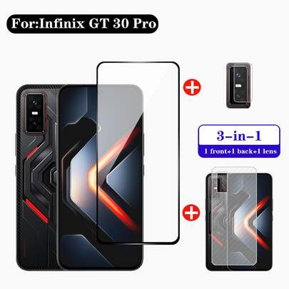 3-In-1 9D Full Screen Protecto For Infinix GT 30 30 Pro Fingerprint-Proof Screen Black Border 9H HD Tempered Glass Camera Lens Film And Fiber Back Film