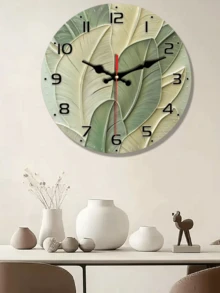10-12 Inch Silent Abstract Leaf Design Wall Clock - Frameless Modern Retro Wood Grain Texture - Green & Beige Gradient - Suitable For Living Room, Bedroom, Kitchen - Battery Not Included - Living Room Wall Clock - 1PC - View 3