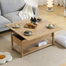 ローテーブル 折り畳み式天板 収納付き センターテーブル 天板昇降式 天板2倍展開可能 大容量収納 簡単開閉 昇降式 収納テーブル おしゃれ コンパクト - ナチュラル + MDF - チェックする 8