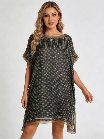 1 chiếc áo khoác kimono dáng rộng in chấm bi, kiểu dáng cổ điển, rộng rãi, mỏng nhẹ, thích hợp cho kỳ nghỉ biển, cỡ lớn, tôn dáng, áo khoác kimono in chấm bi thanh lịch kiểu retro, thiết kế viền, áo khoác ngoài dành cho nữ.