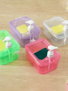 Automatic Soap Dispenser With Sponge Brush, Bathroom Kitchen Cleaning Supplies, Liquid Soap Dispenser Box, Rectangular Sponge Scrubber, Soap Dish With Divider, 2-In-1 Cute Round Soap Dish With Brush, Home Decor, Kitchen Essentials, Bathroom Decor - Multicolor - View 7