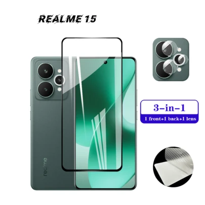 适用于 Realme 15/15T 的三合一 9D 全屏保护膜，防指纹，黑色边框，9H 高清钢化玻璃摄像头镜头膜和纤维背膜