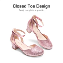 Girls Dress Shoes Closed Toe High Heels Ankle Strap Toddler Little Big Kid Wedding Flower Party Pump - Hồng - Xem 6