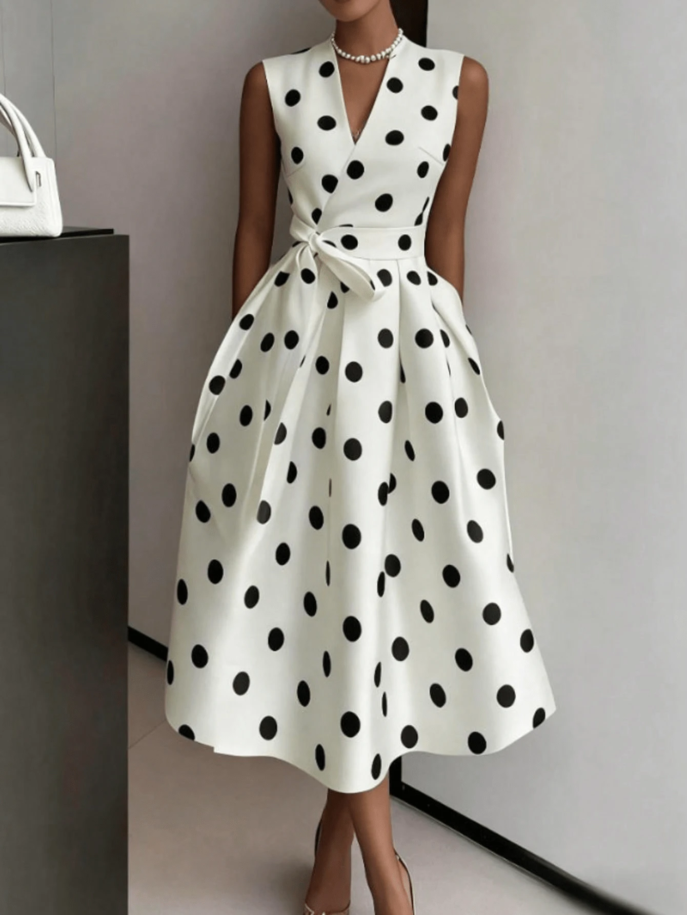 Women's Black And White Polka Dot V-Neck Slim Fit Lace-Up Full Swing Dress, Sleeveless Elegant Women's Dress, Women's Elegant And Temperamental Dress, Women's Lace-Up Waist Slimming Dress, Women's Sleeveless Dress, Women's Fashionable And Temperamental Dress, Cocktail Party, Party, Christmas, Nightclub, Banquet, Film Festival, Cinema, Dance Party, Cocktail Party, Bar, Wedding, Graduation Ceremony, Back-To-School, Birthday Party, Rebellious Girl, Festival-Themed Party, Outwear, Street Fashion, Fashion Show, Date, Valentine's Day, Going Out To Work At University, School, Village, Concert, Street Girl, Young Girl, Country Outfits For Women, Best Outwear For Women, Women's Vacation Clothing, Country Concert Outfit, Country Outfits For Women, Streetwear, Concert Outfit For Women, Boho Women's Clothing, Country Concert Outfit, Concert Outfits, Vaquera Outfit, Y2K Clothes, Women's Club Outfits, Y2K Women's Clothes, Women's Clothing, Country Concert Outfit For Women - 白色 - 查看 1