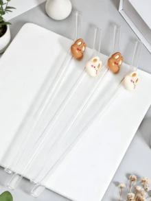 1/2pcs[Cute Rabbit Decorated Reusable Glass Straws]Bendable Straws | Cleaning Brush Included | Suitable For Bubble Tea/Coffee/Juice/Smoothie | Handmade | Christmas/Valentine's Day/New Year/Birthday/Halloween/Thanksgiving/520/Carnival | Kitchen/Cafe/Bar/Outdoor Travel/Party/Wedding | Girlfriend/Boyfriend/Parents/Friends/Nature Lovers | Exquisite Gift Set - Multicolor - View 2