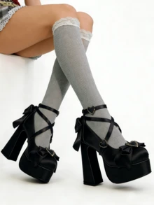 Women's Cute Lolita Platform Mary Jane Pumps Buckle Bowknot Chunky Block Heels Y2K Party Shoes With Bow - Đen A - Xem 4