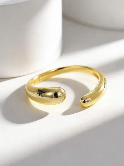 Charm-In Minimalist Smooth Water Drop Open Ring, Gold Plated, Versatile For Daily Wear, Stacking, Gift For Girlfriend, Friend