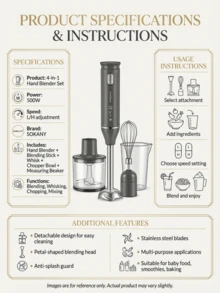SOKANY Licuadora, Licuadoras, Batidora, Picadora de carne, Juego de batidora de mano 4 en 1, que incluye batidora de varilla multifunción, batidor, picadora y vaso, adecuado para procesar alimentos y mezclar comida para bebés - Ver 5