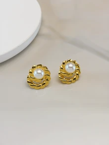 1/3件套法式复古304不锈钢镀金珍珠镶嵌向日葵耳环，精致高端配饰，适合作为年轻女士参加派对的礼物，或作为生日、情人节礼物送给母亲、妻子、朋友。 - 金色 - 查看 11