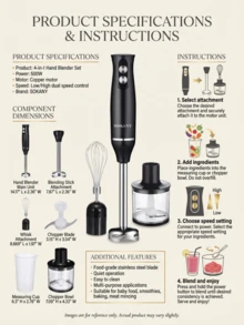 SOKANY SK-1710-4 手持搅拌器 1 件装，电动浸入式手持搅拌器，2 档速度设置，四合一功能（手持搅拌器、打蛋器、绞肉机、量杯），适用于制作冰沙、汤和蘸酱，不锈钢材质 - 黑色 - 查看 4