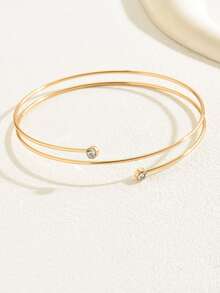 1pc Elegant Simple Dual-Layer Rhinestone & Metal Arm Cuff, Fashion Jewelry For Women, Vacation, Party, Beach - Gold - View 4