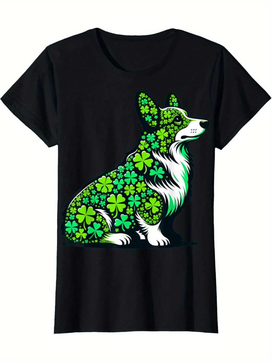 T-shirt unisexe << Trèfle vert porte-bonheur toute l'année » à l'occasion de la Saint-Patrick, motif chien corgi. Idéal pour les amoureux des chiens. Cadeau parfait pour la Saint-Valentin, à offrir à la famille et aux amis. - Noir - Voir 1