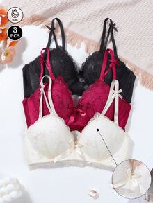3pcs/Set Girls Lace Bow Wireless Comfortable Daily Bras, Gather Bust - Multicolor - View 1