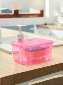 Automatic Soap Dispenser With Sponge Brush, Bathroom Kitchen Cleaning Supplies, Liquid Soap Dispenser Box, Rectangular Sponge Scrubber, Soap Dish With Divider, 2-In-1 Cute Round Soap Dish With Brush, Home Decor, Kitchen Essentials, Bathroom Decor - Multicolor - View 4