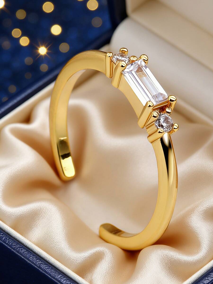 Damen Ring mit vergoldeter Zirkonia, verstellbares offenes Band mit rechteckigen und runden Zirkonia-Steinen, minimalistisches elegantes Design für den täglichen Gebrauch, vielseitiges Geschenk für Modebewusste - Gold - Übersicht 1