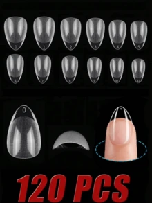 120 pièces Autocollants d'ongles amande courts, autocollants d'ongles acryliques pré-façonnés en gel souple, autocollants d'ongles semi-mats à couverture intégrale, autocollants d'ongles en gel transparent à presser - Transparent - Voir 1