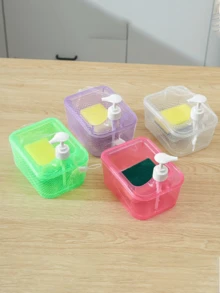 Automatic Soap Dispenser With Sponge Brush, Bathroom Kitchen Cleaning Supplies, Liquid Soap Dispenser Box, Rectangular Sponge Scrubber, Soap Dish With Divider, 2-In-1 Cute Round Soap Dish With Brush, Home Decor, Kitchen Essentials, Bathroom Decor - Multicolor - View 8