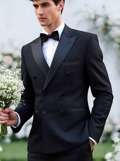 1pc Men's Double-Breasted Tailcoat Suit Jacket - Black Tuxedo Jacket With Notched Lapel For Wedding, Party, Performance, Hosting