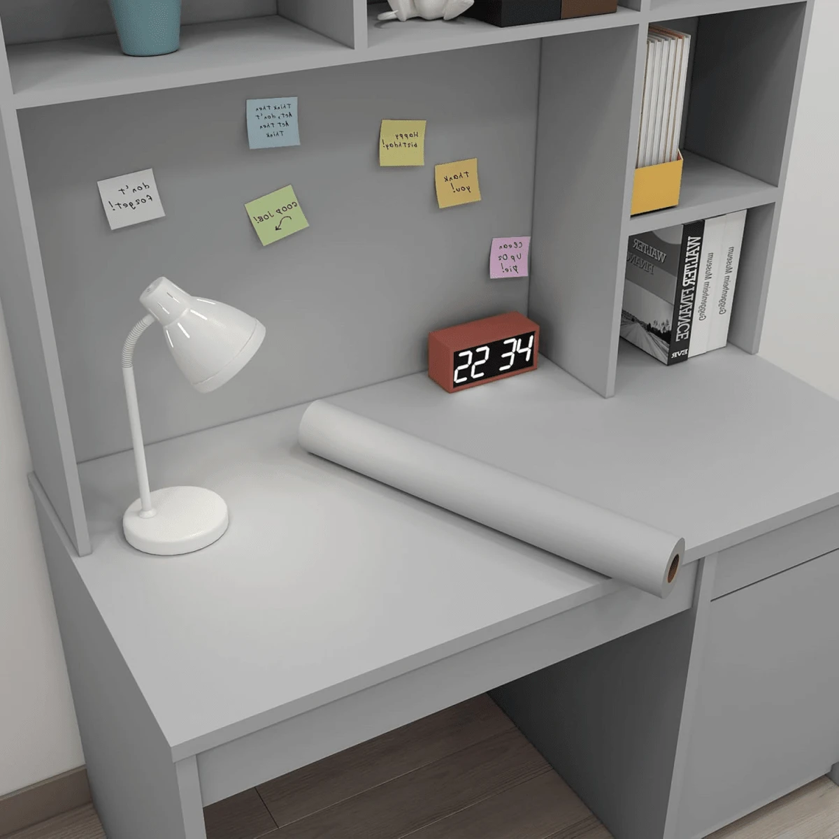 1卷灰色自粘墙纸，PVC材质，可撕贴，加厚防水，易于粘贴和移除，适用于卧室、客厅、天花板、台面、橱柜、家具和家居装修，易于裁剪和安装。