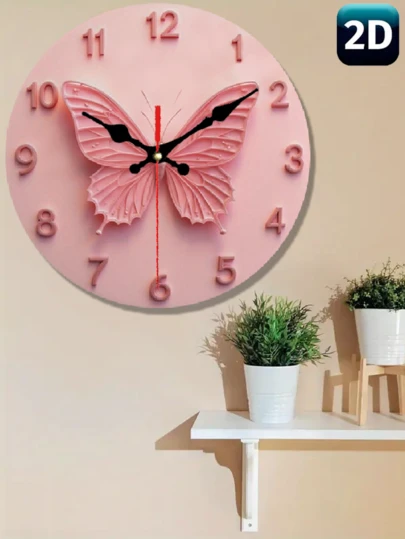 1pc 10"/12" Pink Butterfly Shaped Silent Battery Operated Round Wall Clock, Suitable For Home, Cafe, Kitchen, Bathroom, Bedroom, Charming Butterfly Design, Battery Not Included, Butterfly Wall Clock