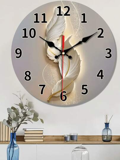 Horloge murale silencieuse de 10 à 12 pouces avec design abstrait de plumes, horloge de décoration à thème fantaisiste ronde. Convient pour le salon, la chambre, la cuisine, le bureau - fonctionne sur piles (piles AA non incluses) - cadeau idéal pour Noël, Nouvel An, la Saint-Valentin, anniversaire