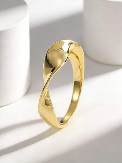 Charm-In Mobius Twist Plated Gold Ring For Women, Versatile For Everyday Wear, Stackable, Elegant Twisted & Smooth Band Jewelry