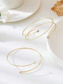 2pcs Minimalist Elegant Geometric Double-Layer Crystal Armband And Single-Layer Arm Cuff Set, Adjustable Opening, Women Daily Casual Vacation Jewelry - Gold - View 2