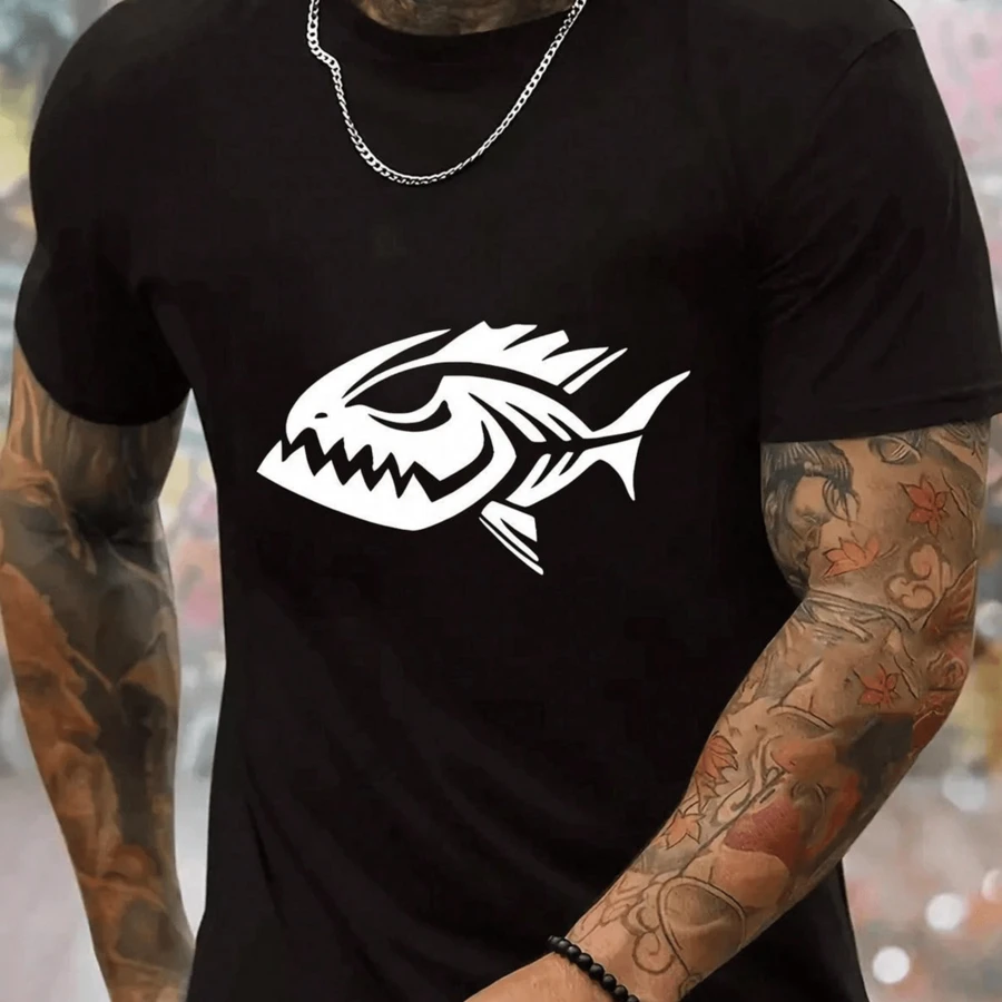 180GSM Pure Cotton Printed T Shirt Showcasing Fish Cartoon Print Art Menacing Fish Cartoon Print Mens Casual Summer Design Breathable And Durable Fabric Adopting Knitting Technology Soft And Easy To Clean Comfortable To Wear Perfect For Fishermen Offers A Funny Personality - 黑色 - 查看 1