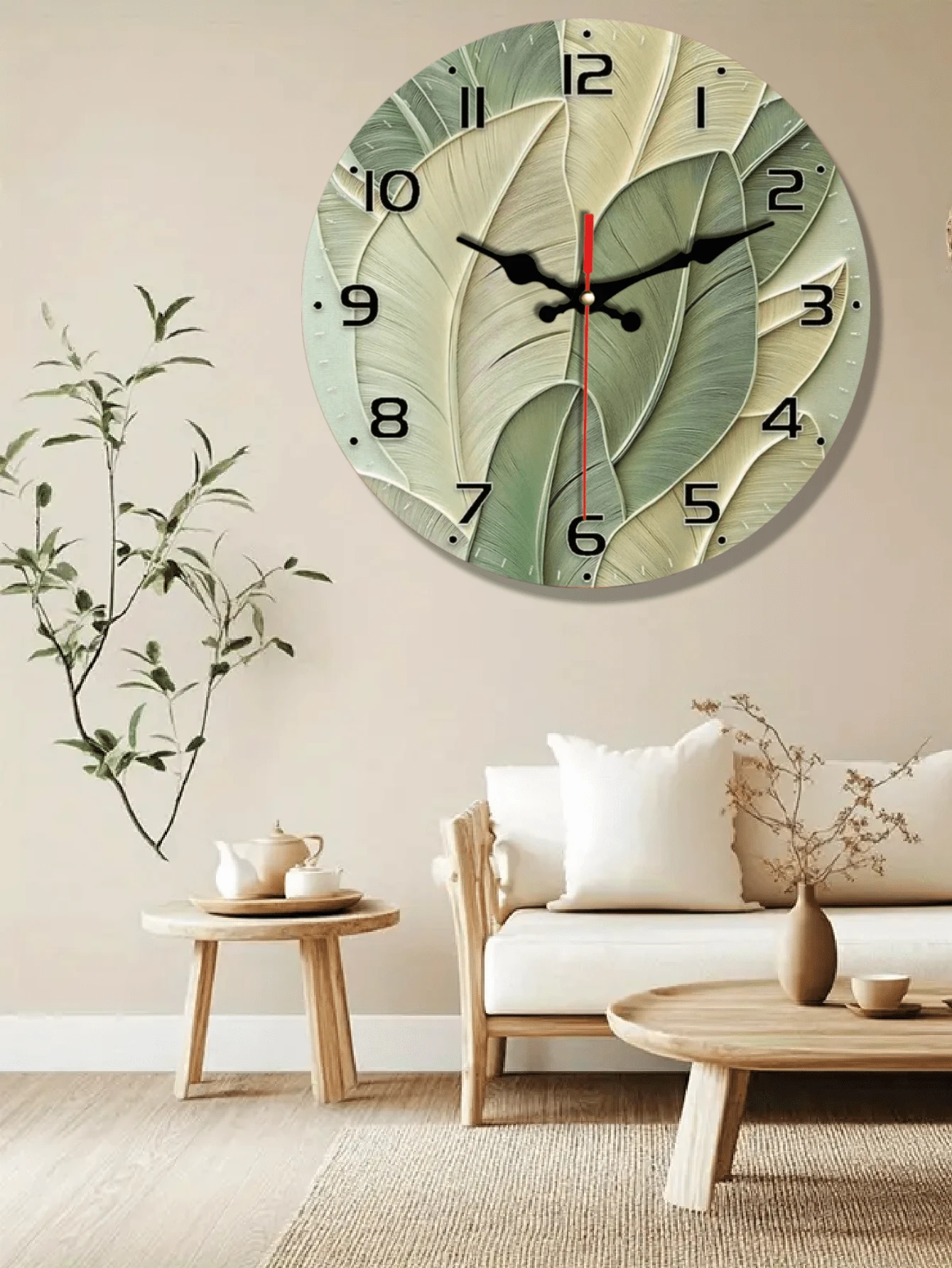 10-12 Inch Silent Abstract Leaf Design Wall Clock - Frameless Modern Retro Wood Grain Texture - Green & Beige Gradient - Suitable For Living Room, Bedroom, Kitchen - Battery Not Included - Living Room Wall Clock - 1PC - View 1