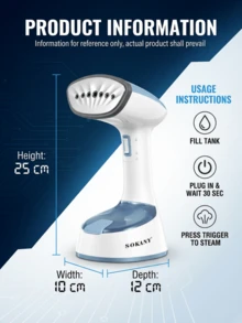 SOKANY 1400W大功率手持式蒸汽熨斗，30秒快速熨烫，大容量水箱，多角度防漏设计，一键折叠，便携易收纳，7孔喷嘴轻松去除深层褶皱，不锈钢面板，方便旅行和居家使用，快速抚平褶皱，保持衣物整洁优雅。 - 查看 2