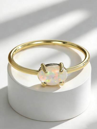 Charm-In 奢华镀金仿蛋白石精致戒指，椭圆形虹彩宝石设计，浪漫约会珠宝，情人节送给女友的理想礼物