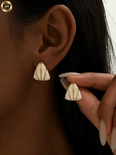 1. A Pair Of Luxurious And Sophisticated Triangular White Drop Earrings For Women, Featuring A 2026 New Design With A Simple And Elegant Style Suitable For All Seasons. Made Of Stainless Steel, They Are Hypoallergenic. Perfect For Birthdays, Dates, Or Dance Party Wear. Bohemian Vacation Style Stainless Steel Jewelry With A Heart Design.