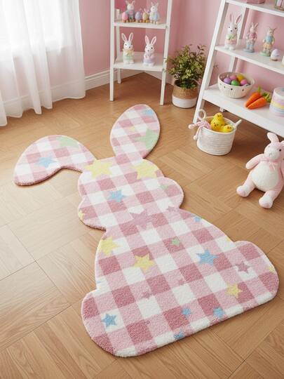 1 pieza Alfombra con forma de conejo a cuadros rosa y blanco, decoración de Pascua, hecha de fibra de poliéster, de pelo corto, fabricada a máquina, lavable, antideslizante, resistente a las manchas, fácil de cuidar, adecuada para dormitorio, sala de estar, mesa de café, decoración de sofá, regalo ideal para Pascua