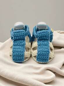 1 Pair Handmade Crochet Infant Sandals, Blue And Cream Color, Mary Jane Style With Buckle Closure - Dusty Blue - View 4