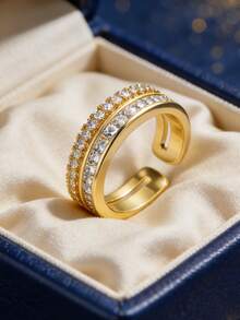 Women's Gold-Plated Zirconia Ring, Adjustable Double-Layer Open Ring Design With Micro-Inlaid Zirconia Stones, Minimalist Elegant Style For Daily Commute/Versatile, Fashionable Birthday Gift - Gold - View 2
