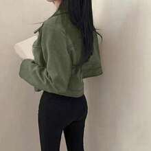 Women's Casual Solid Color Faux Suede Fleece Collar Zip-Up Short Jacket, Spring/Autumn - Green - View 4